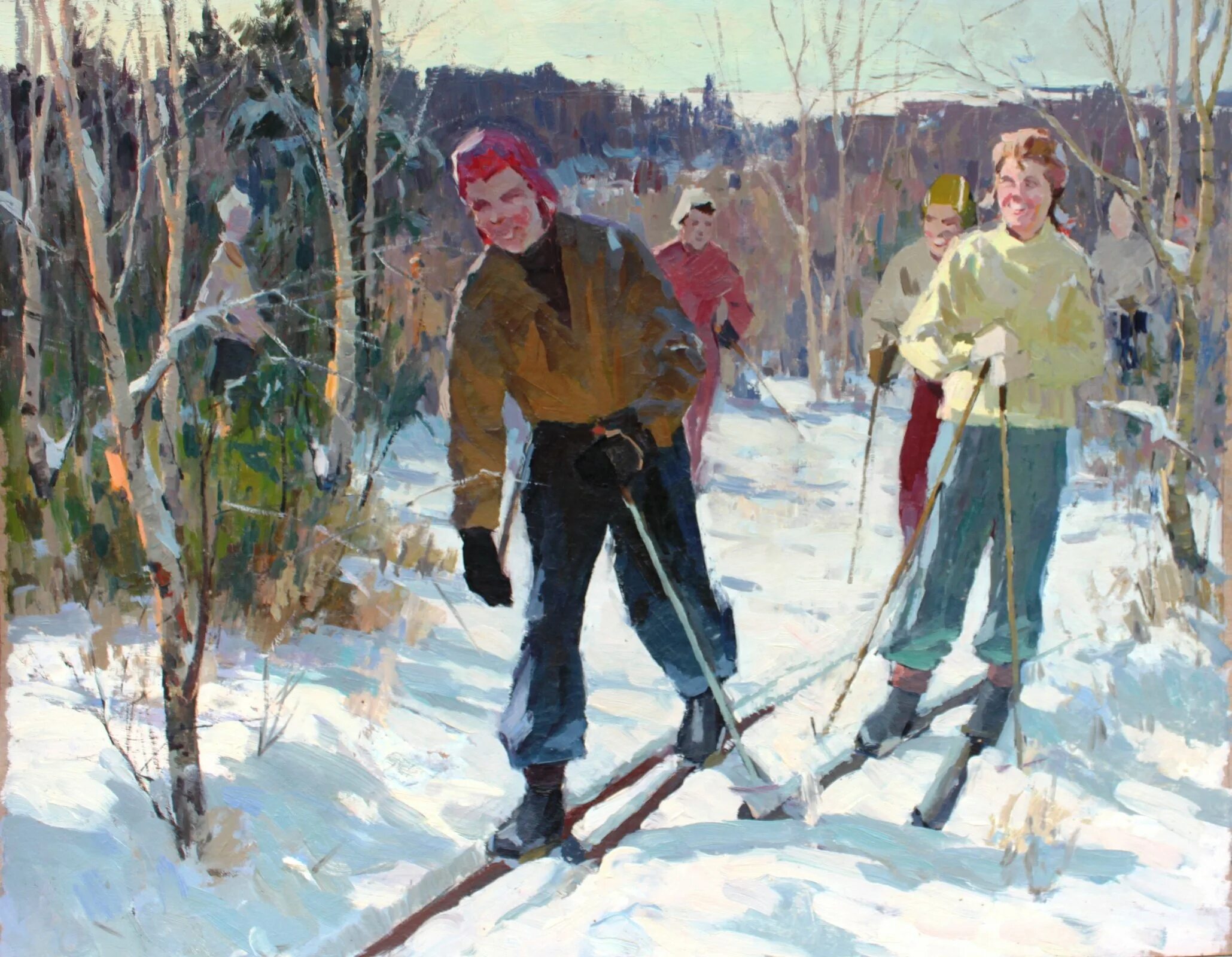 Картина лыжники. А. Дейнека. Лыжники. 1950 Г.. Дейнека лыжники.
