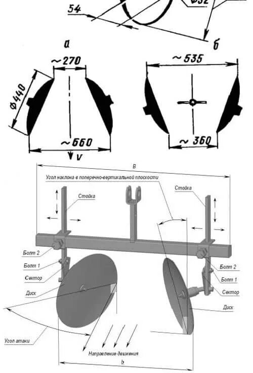 Регулировка дискового окучника. Чертеж дискового окучника для мотоблока. Плуг для картофеля для мотоблока