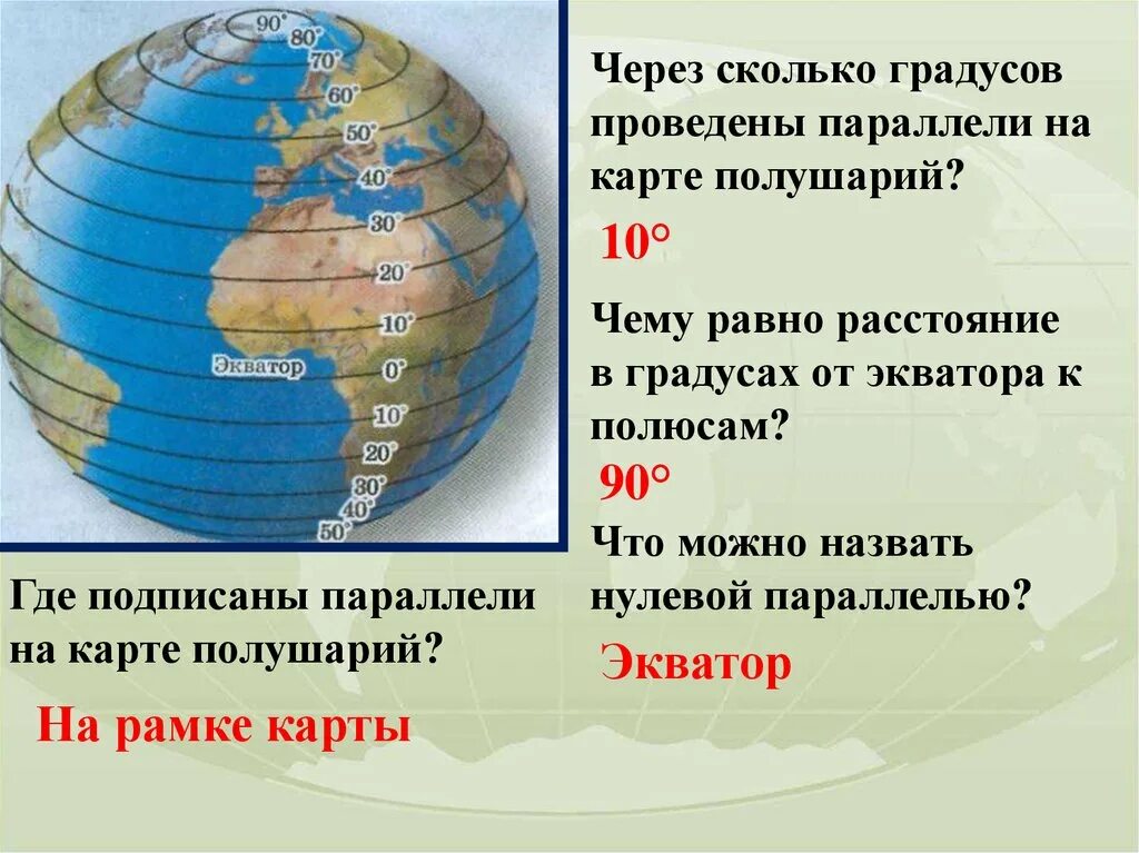 Градусная сеть на глобусе. Показать меридианы и параллели на карте. Через сколько градусов проведены параллели на карте полушарий. Градусная сеть на глобусе и картах.