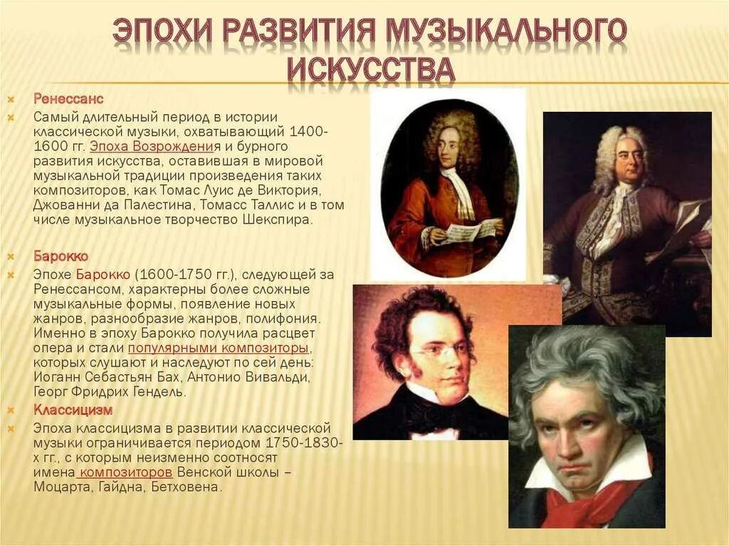 Эпохи развития музыкального искусства. Композиторы 18-19 веков. Названия музыкальных эпох. Композиторы разных эпох