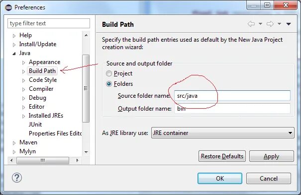 Apply defaults. Eclipse 2009 ide. Виды ide для java. Как настроить новый проект в Eclipse java. Default source переводится.