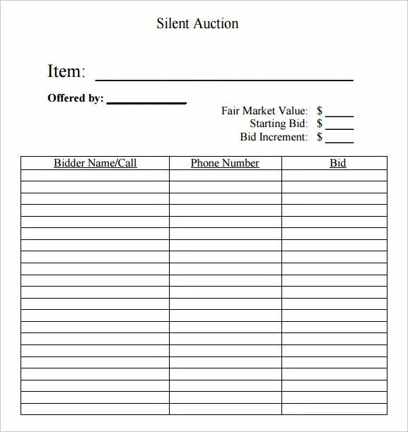 Silent Auction. Auction Template. Auction Sheet. Property bid Auction Template.