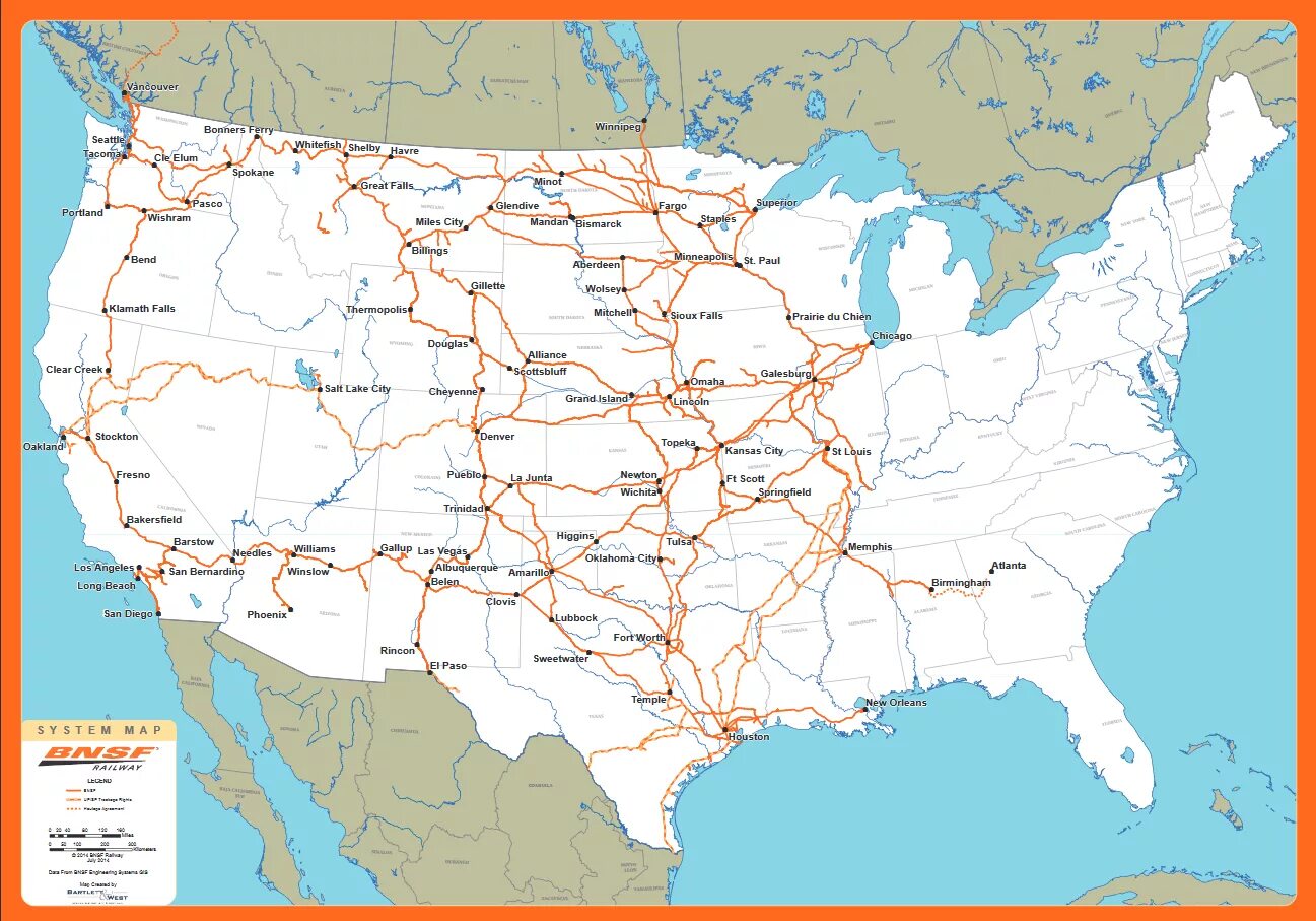 Open railway map. Usa railroad map. железная дорога burlington northern santa fe на карте. первые тихоокеанские железные дороги в сша карта. bnsf railway map.