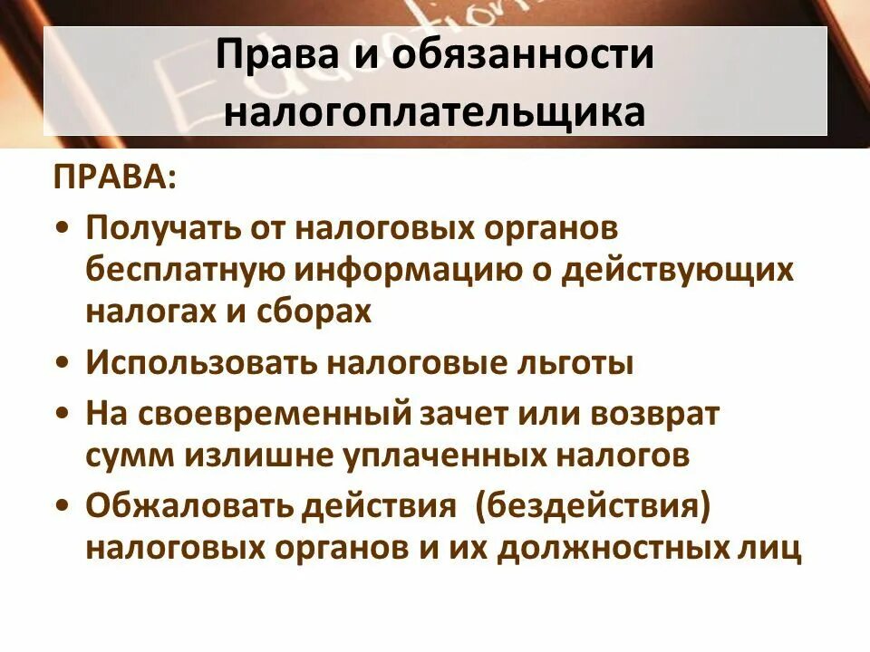 Обязанности налогоплательщика. Налоговое право. Имущественное право действует