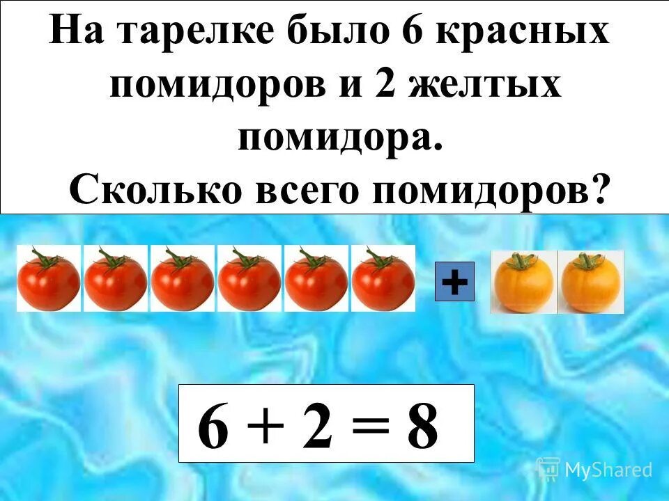 разложить 4 яблока на тарелки. сколько всего помидоров. было 8 помидоров в салат порезали. выбери схему к задаче. на тарелке было 6 красных помидоров и 2 желтых сколько всего помидоров.