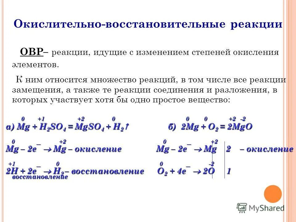 Разложение без изменения степени окисления. Классификация реакций окисления-восстановления. Изменение степени окисления элементов. Диспропорционирование ОВР. Реакции идущие с изменением степени окисления.