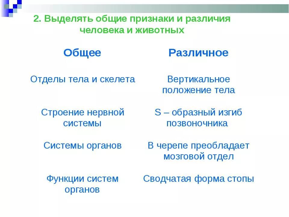 Какие признаки человека и животного общего. Общие признаки животных и человека. Признаки различия человека и животных. Сходства и отличия человека и животных. Таблица человек и животное общее и различное.