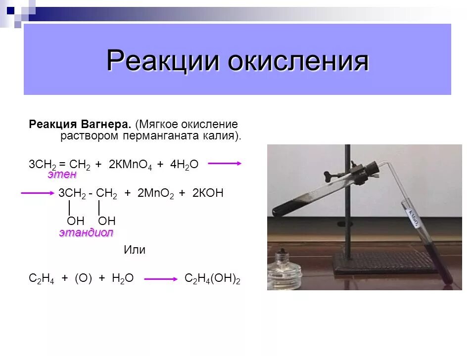 Окисление этилена реакция Вагнера. Окисление перманганатом калия реакция Вагнера. Этен реакция Вагнера. Реакция окисления по Вагнеру. Этилена с2н4