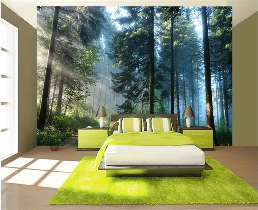 Фотообои в спальню. Фотообои в интерьере спальни. Спальня в стиле леса. Комната в стиле природы.