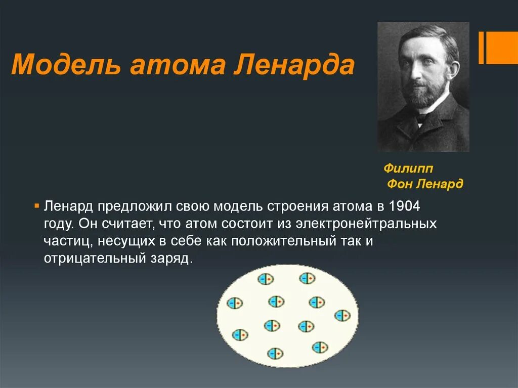 Какое представление о строении атома соответствует. Модель атома Ленарда. Модель атома Филиппа Ленарда. Строение атома Ленарда.