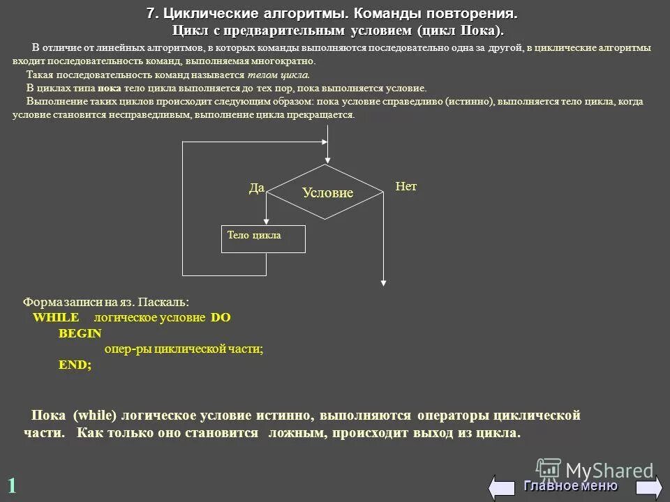 Программирование циклических алгоритмов вариант 1. Цикл с предварительным условием. Цикл с предварительным условием цикл. Цикл с условием алгоритм. Оператор цикла с предварительным условием.