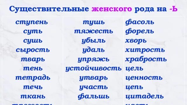 Слова женского рода. Слова женского рода существительные. Слова мужского рода с мягким знаком. Слова существительные список.