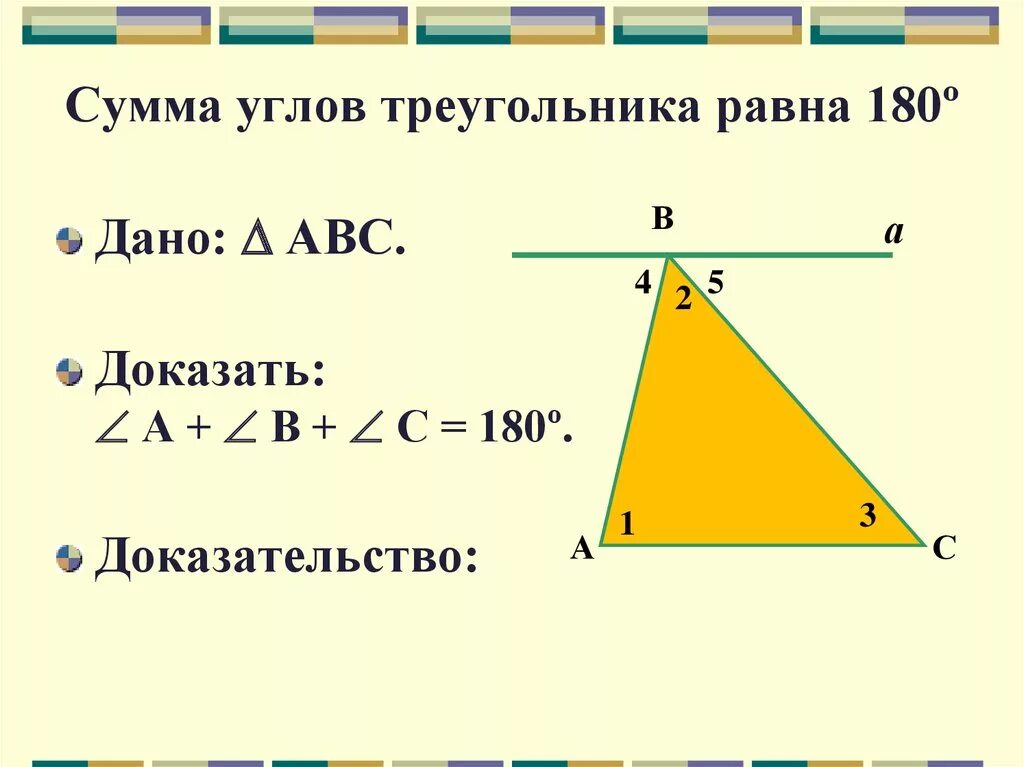 Сумма углов треугольника теорема доказательство 7. Сумма трех углов треугольника равна 180. Доказательство суммы углов треугольника равна 180 7 класс. Сумма углов треугольника равна 180 o. Сумма внутренних углов треугольника равна 180.