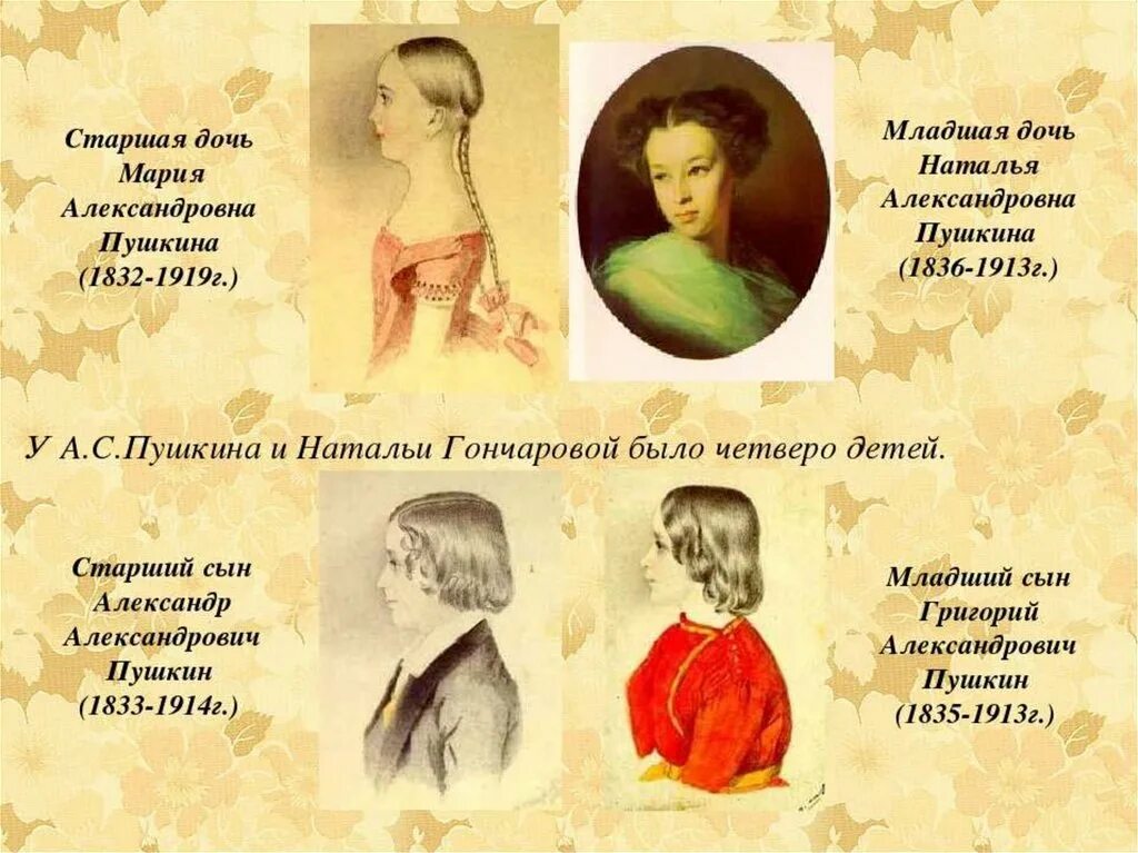 Пушкин биография 3 класс презентация. Младшая дочь, наталья александровна пушкина (1836-1913г.). старшая дочь, мария александровна пушкина (1832-1919г.). старший сын, александр александрович пушкин (1833-1914г.). младший сын, григорий александрович пушкин.