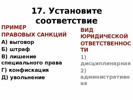 Дисквалификация соответствие между примерами Установите соответствие между примерами замечание взыскание неустойки