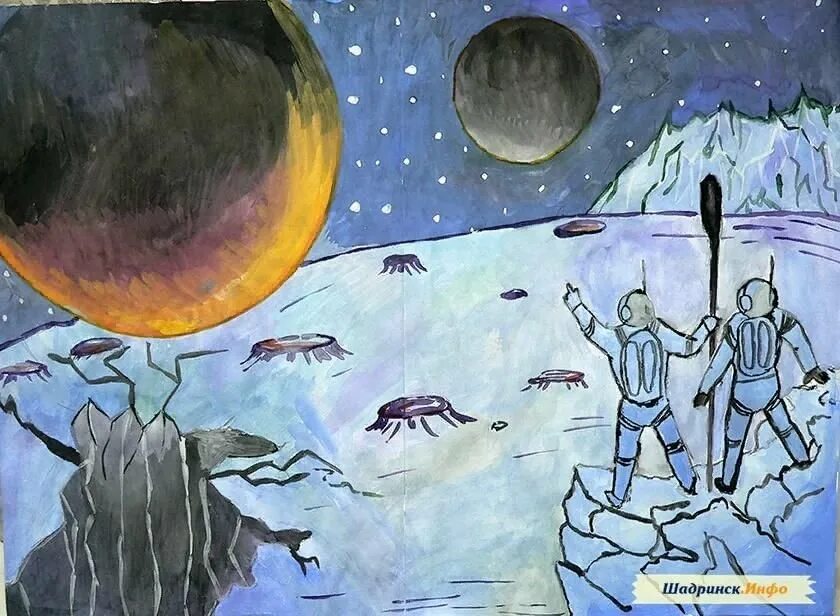 Шестая рисунки. Рисунок ко Дню космонавтики. Освоение космоса рисунок. Рисунок на тему космос 2 класс. Рисунок ко Дню космонавтики 2 класс.