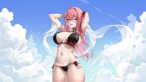 bikini blue eyes clouds long hair navel original pink hair sky swimsuit tac...