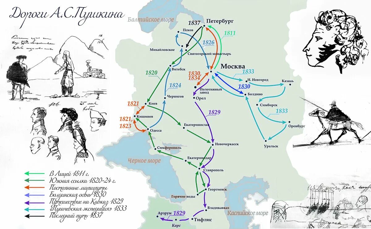 Маршрут автобусов пушкин на карте. Карта путешествий Пушкина по России. Пушкин путешествие в Арзрум на карте. Карта Южной ссылки Пушкина.