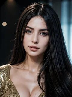 A woman with long black hair wearing a gold dress 