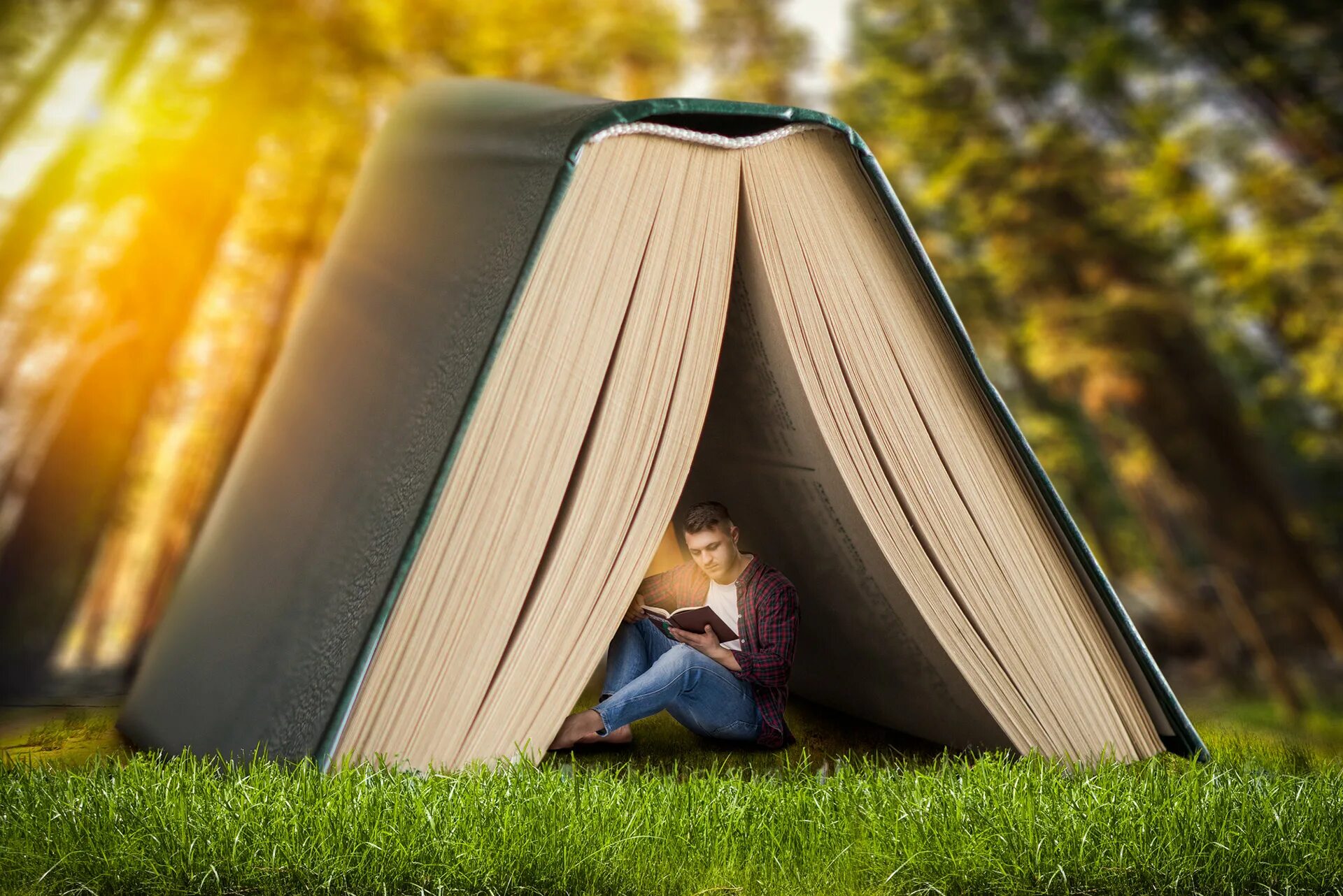 Читать куплю новую жизнь. Gaining knowledge. Man reading a book on the grass. The book is under the Chair. . A huge World of knowledge.