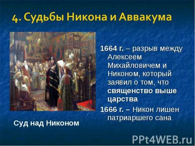 Отношения никона и алексея михайловича. Судьба Никона и Аввакума. Раскол в русской православной церкви презентация. Судьба Никона и Аввакума кратко.