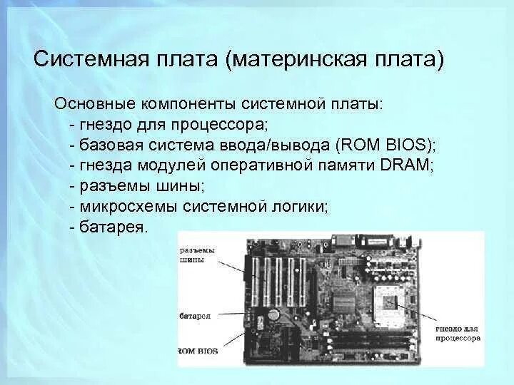 На рисунке изображены системный блок. Материнская плата компоненты схема. Основные компоненты системной платы ПК. Основные разъемы материнской платы. Несъёмные части материнско платы.