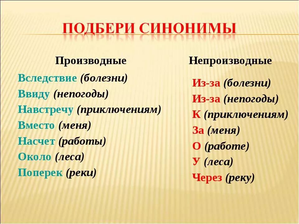 Синонимичные предлоги из за. В следствии болезни. Вследствие болезни предлог. Производные предлоги. Производные предлоги с синонимичными непроизводными.