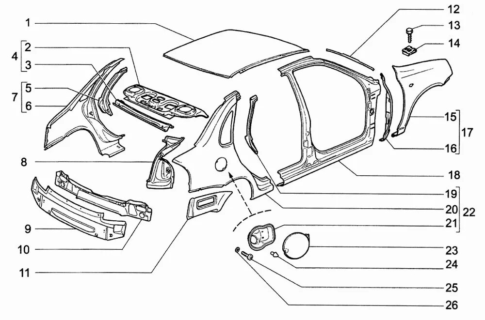 Кузовные детали схема Калина 1118. ВАЗ 2190 усилитель крыла.