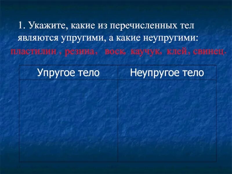 Какие из перечисленных. Какие тела называются упругими. по каким признакам тела делятся на упругие и неупругие. какое воздействие на тело называется упругим. самыми плотными из перечисленных тел являются.