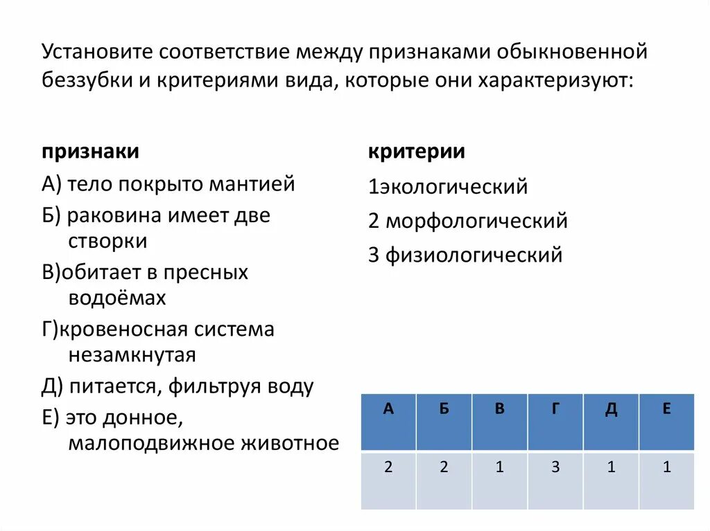 Установите соответствие между характеристикой и генотипом. Установите соответствие между признаками. Установите соответствие между признаком обыкновенной беззубки. Установите соответствие тело покрыто мантией.