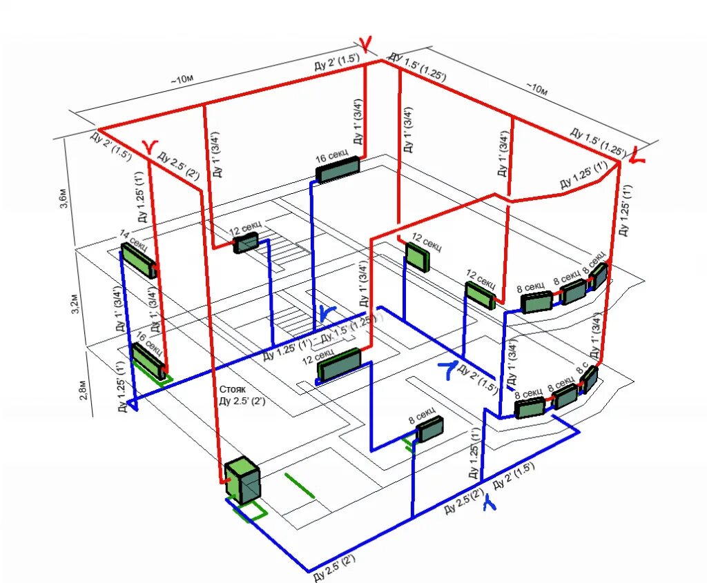 2х Трубная система отопления 2х этажного. Схема разводки отопления 2-х этажного дома. Схема газового отопления 2х этажного дома. Тупиковая система отопления аксонометрия. Проект обогрева
