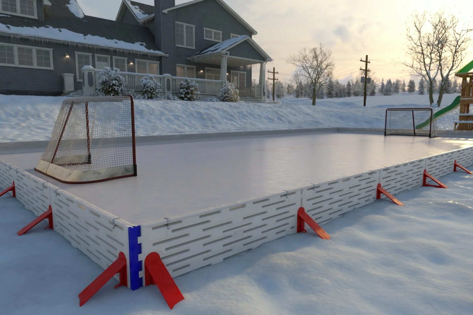 Модульный каток ez Ice Rink. Хоккейные коробки. Хоккейная площадка на участке. Бортики для хоккейной площадки. При изготовлении льда