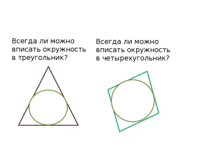 В треугольник можно вписать окружность. Можно ли вписать треугольник в окружность. Всегда ли можно вписать окружность в треугольник. Треугольники которые вписаны в окружность. В любой ли треугольник можно вписать окружность