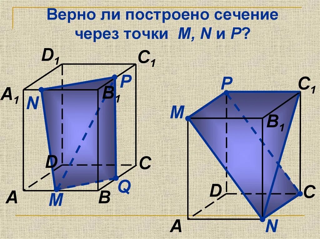 Сечение через точки. Верно построенные сечения. Верно ли построено сечение?. Сечение через точки m n p. Построение верных сечений.