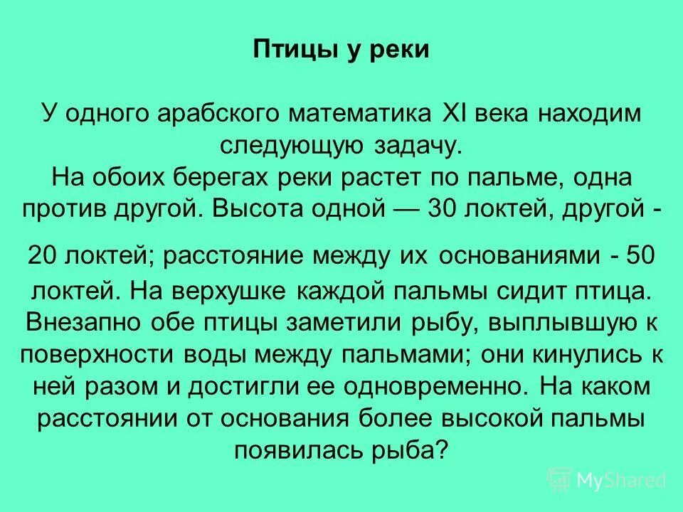 На обоих берегах реки растет по пальме одна против другой. На обоих берегах реки растет по пальме. На каком расстоянии от основания более высокой пальмы появилась рыба. Древне арабские задачи по математике. На обоих берегах реки растет по пальме.