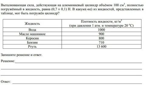 Металлический цилиндр объемом 200 см3 полностью погружен