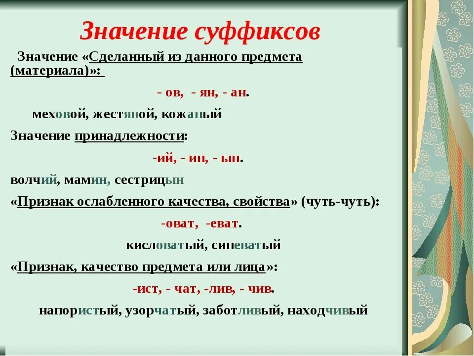 Суффикс 5 класс конспект урока ладыженская. Суффиксы в русском языке. Правило суффиксов. Русский язык тема суффиксы. Значение суффиксов.