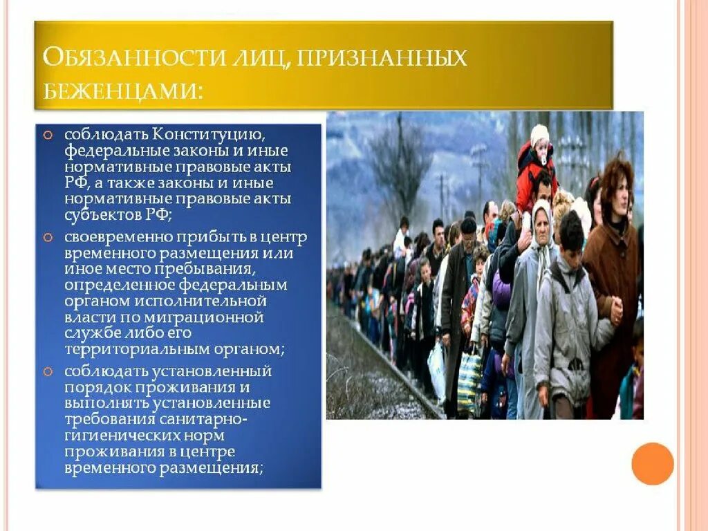 Международно правовой статус беженцев. Правовое положение беженцев и переселенцев. беженцы презентация. обязанности беженцев. правовое положение мигрантов и беженцев в рф.