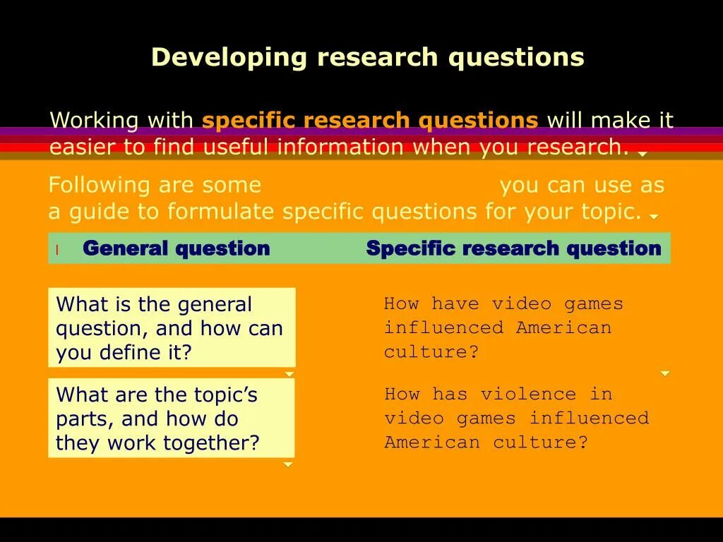 Specific questions. Developing a research question:. General and specific questions. Research question на русском.