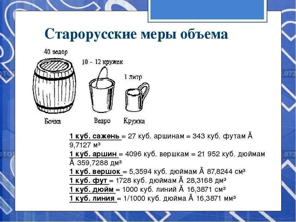 Сколько литров д. Меры объема. Старорусские меры объема. Старинная русская мера объема. Старинные русские меры объема.