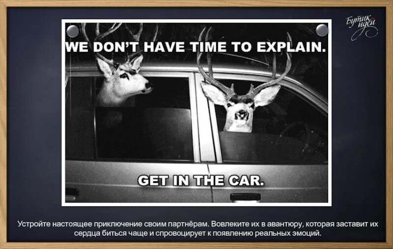 It s hard to explain. No time to explain get in the car. Олени Мем no time to explain. Don't have time to explain. We don't have time.