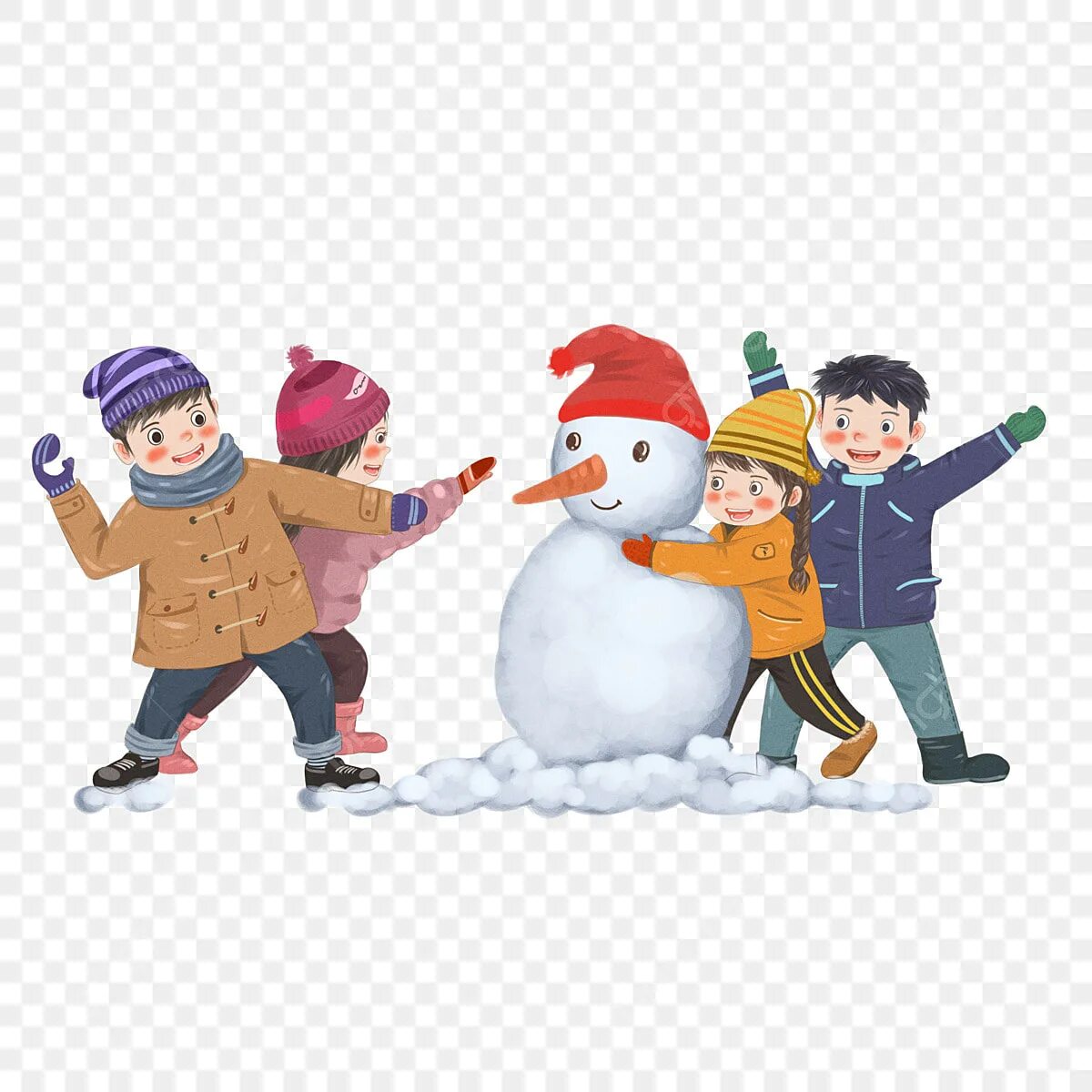 Лепить снеговика зимой. Игра в снежки. Дети играют в снежки. Зимние забавы на белом фоне. Дети лепят снеговика.
