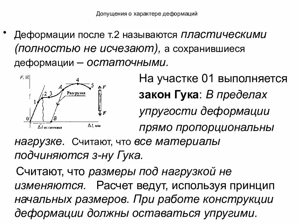 Допущения сопротивления материалов. Допущения о характере деформации. Остаточная деформация конструкции. Остаточная деформация образца. Гипотезы и допущения о характере деформирования.