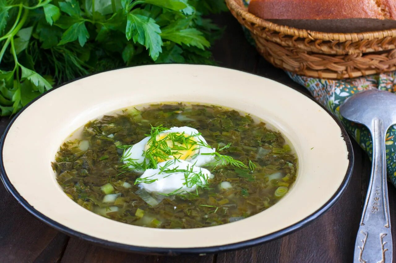 Борщ с щавелем без мяса. Зелёный борщ с щавелем и яйцом. Борщ зеленый украинский. Щи со снытью. Щи с крошевом.