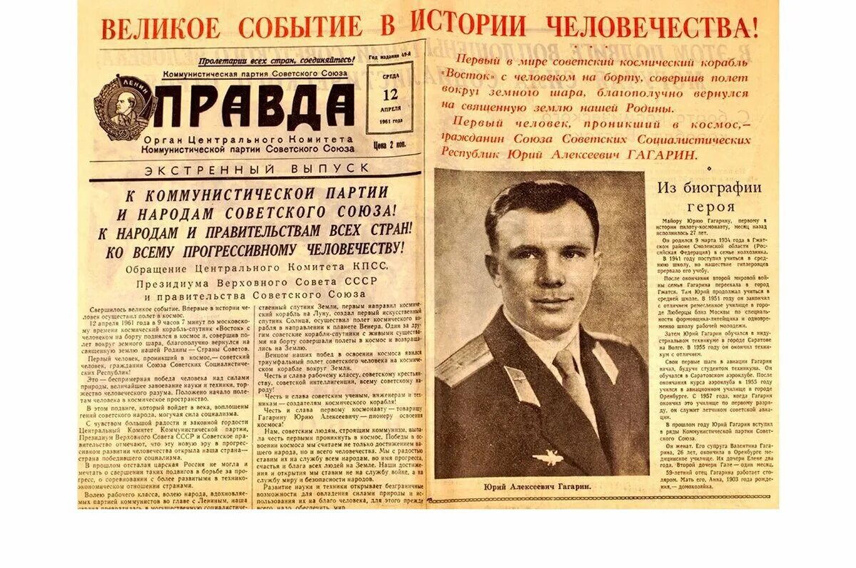Газета СССР полёт Юрия Гагарина. Газета полет Гагарина 1961. 12 апреля 1961 какой день недели