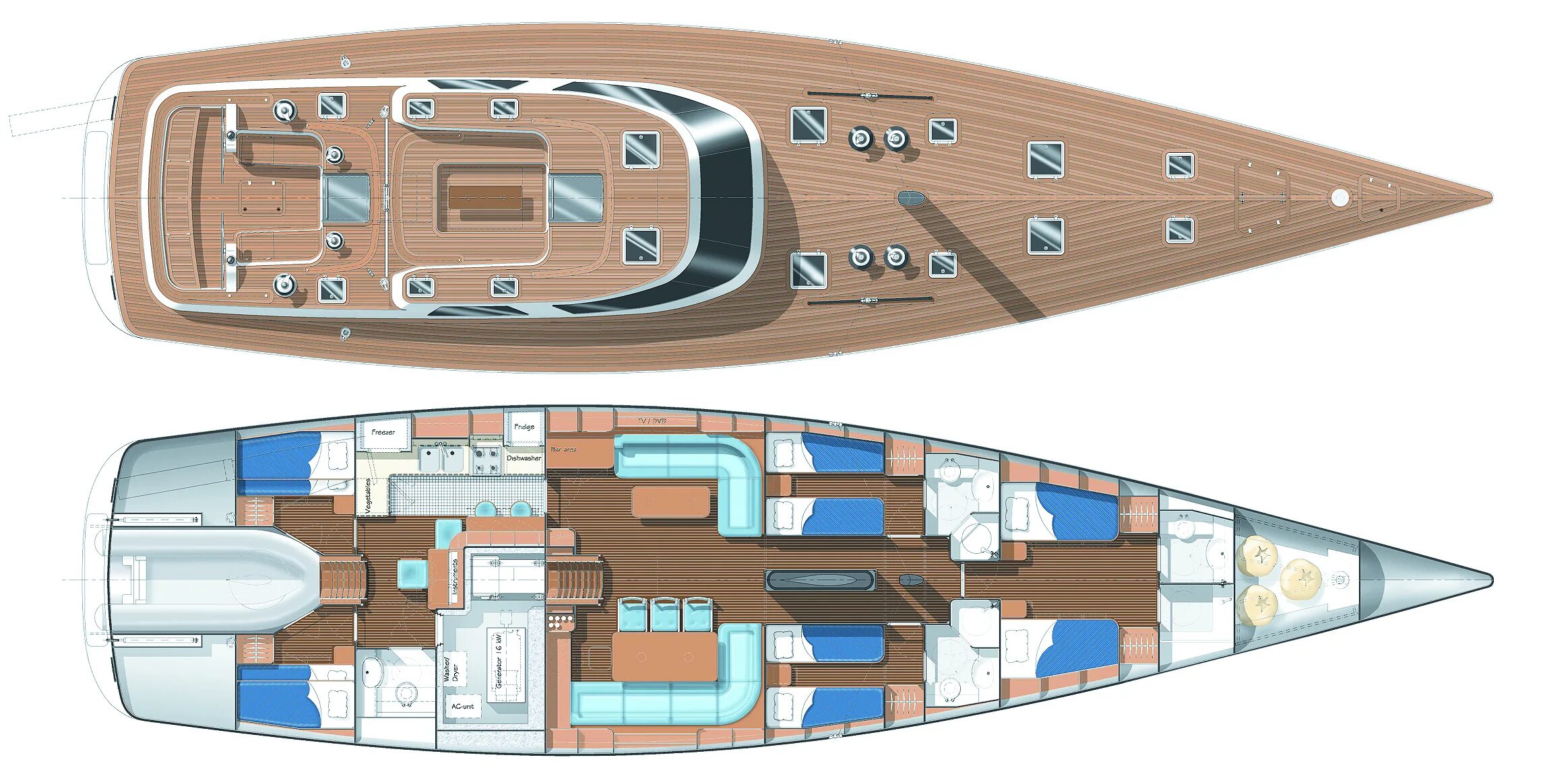 Full plans. Парусные яхты будущего. Яхты будущего планировка. Unasola яхта план палуб. Парусная яхта внутри.