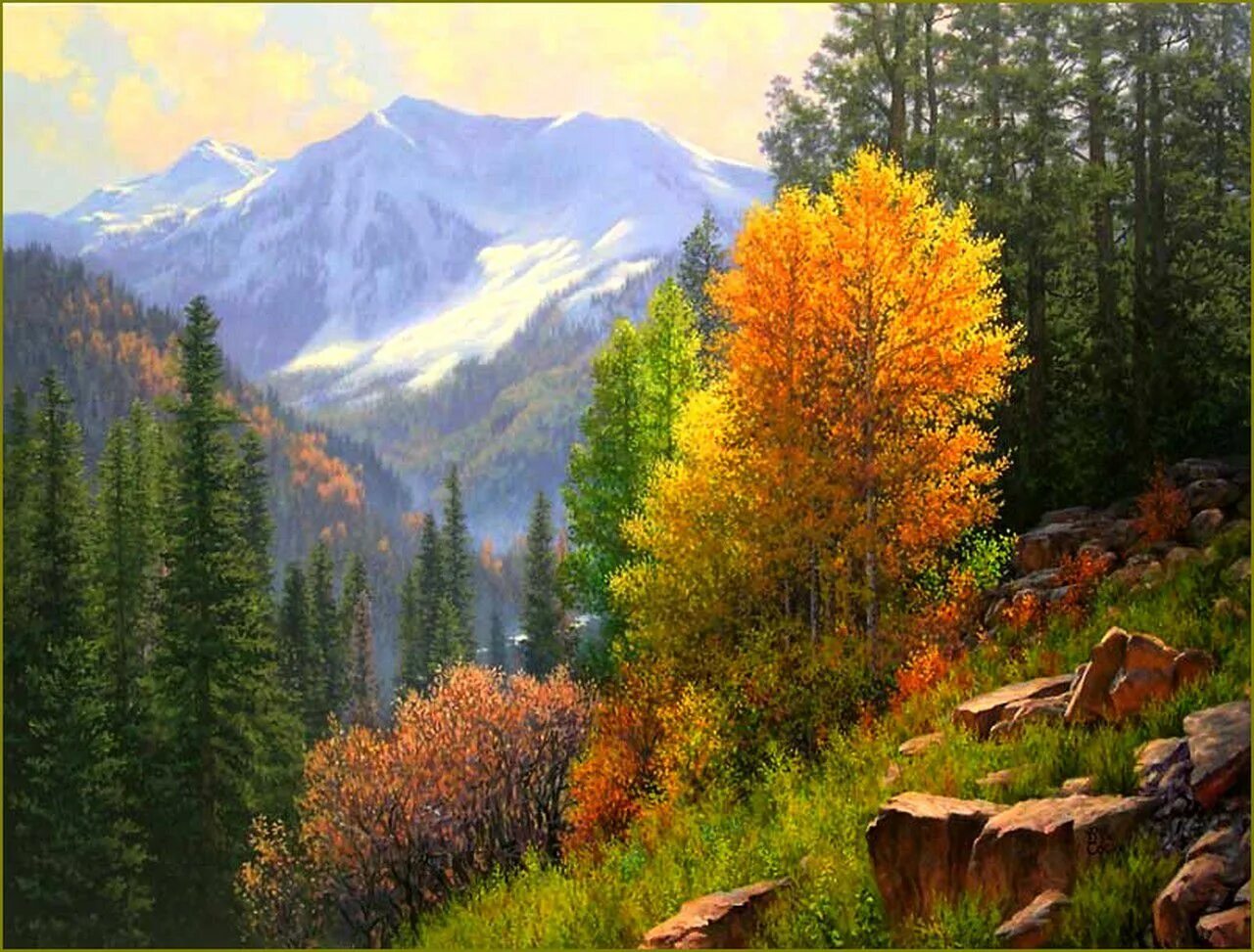 Картина средняя. Художник John Cogan. John d Cogan художник. Горный лес в живописи. Осенний горный пейзаж.
