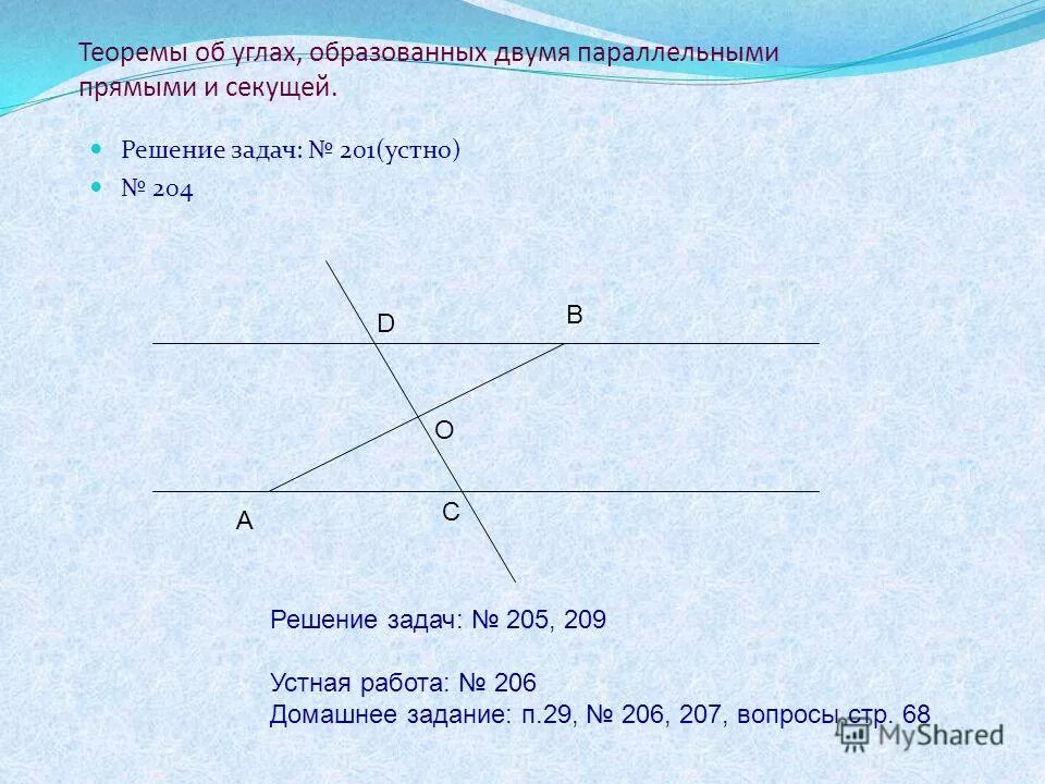 1 из углов образовавшихся. Углы образованные двумя параллельными прямыми и секущей. Теоремы об углах образованных двумя параллельными прямыми и секущей. Две параллельные прямые и секущая. Теоремы об углах при параллельных прямых.