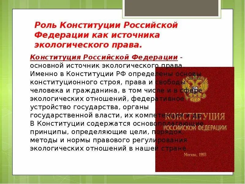 Конституция рф определяет статусы гражданина. Экологическое право в Конституции РФ. Конституционное экологическое право.