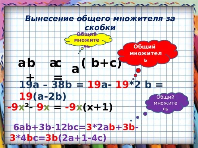 Вынесение общего множителя за скобки. Вынесение общего множителя за скобки ab+a. Общий множитель выражения. 2. Вынесение общего множителя за скобки.. Ab a вынесите за скобки